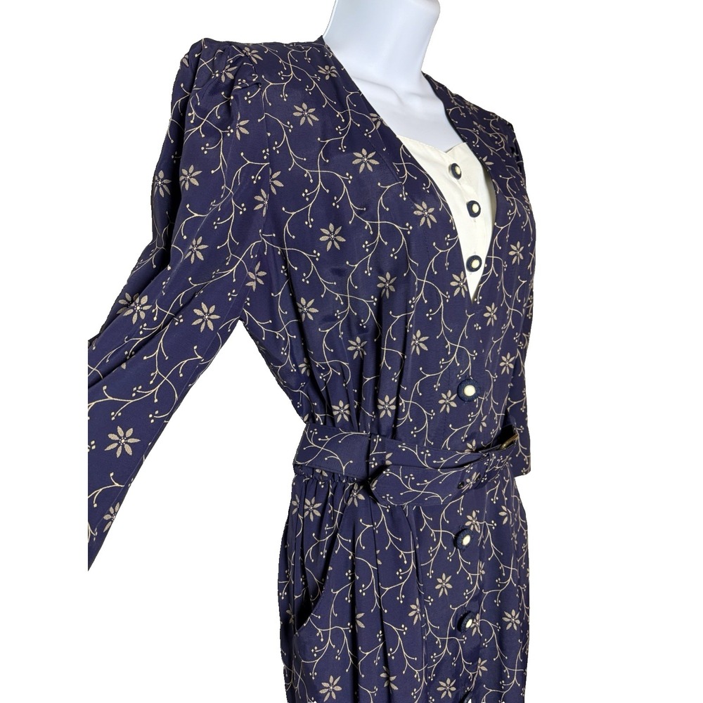 Vtg 80s Does 40s Peri Petites Navy Shirt Dress~8P~Belt 3/4 Puff Slvs Secretary